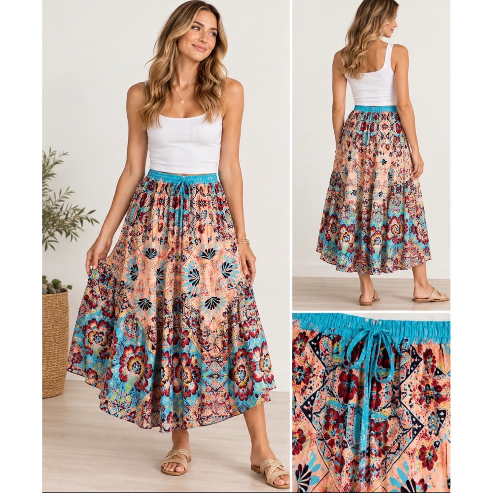 Angie Boho Floral Medallion Maxi Skirt Turquoise Coral Tassel Rayon Large